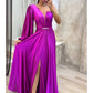 A-Line Evening Gown High Split Dress Formal Fall Sweep / Brush Train Long Sleeve One Shoulder Satin with Pleats Crystals