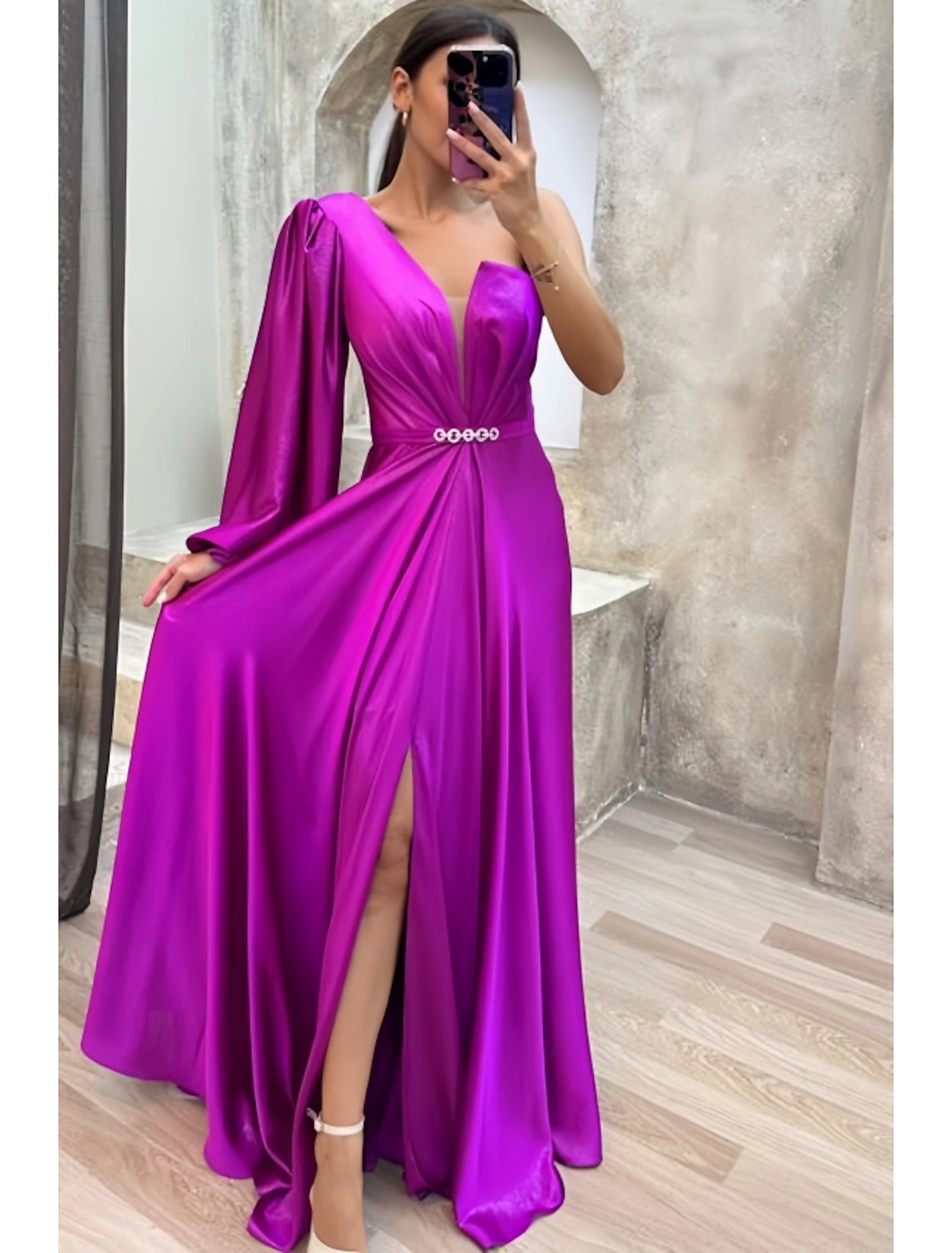 A-Line Evening Gown High Split Dress Formal Fall Sweep / Brush Train Long Sleeve One Shoulder Satin with Pleats Crystals