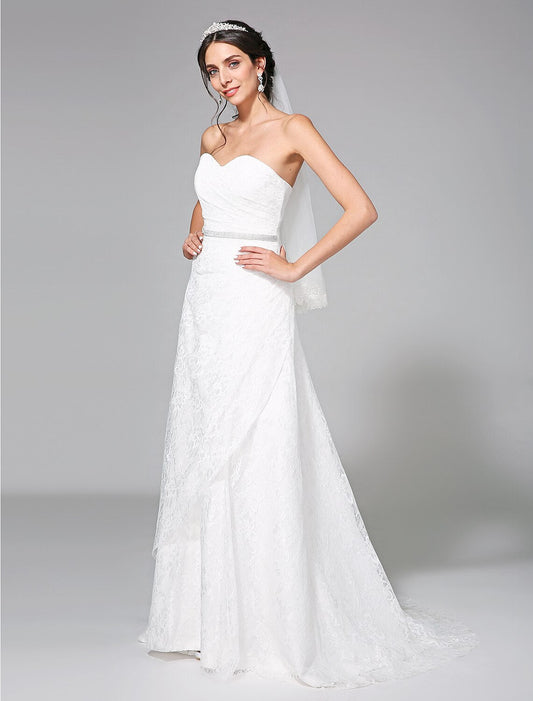 Wedding Dresses A-Line Sweetheart Sleeveless Sweep / Brush Train Lace Bridal Gowns With Sash Side-Draped