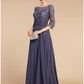 A-Line Mother of the Bride Dress Wedding Guest Elegant Scoop Neck Floor Length Chiffon Lace 3/4 Length Sleeve with Ruching