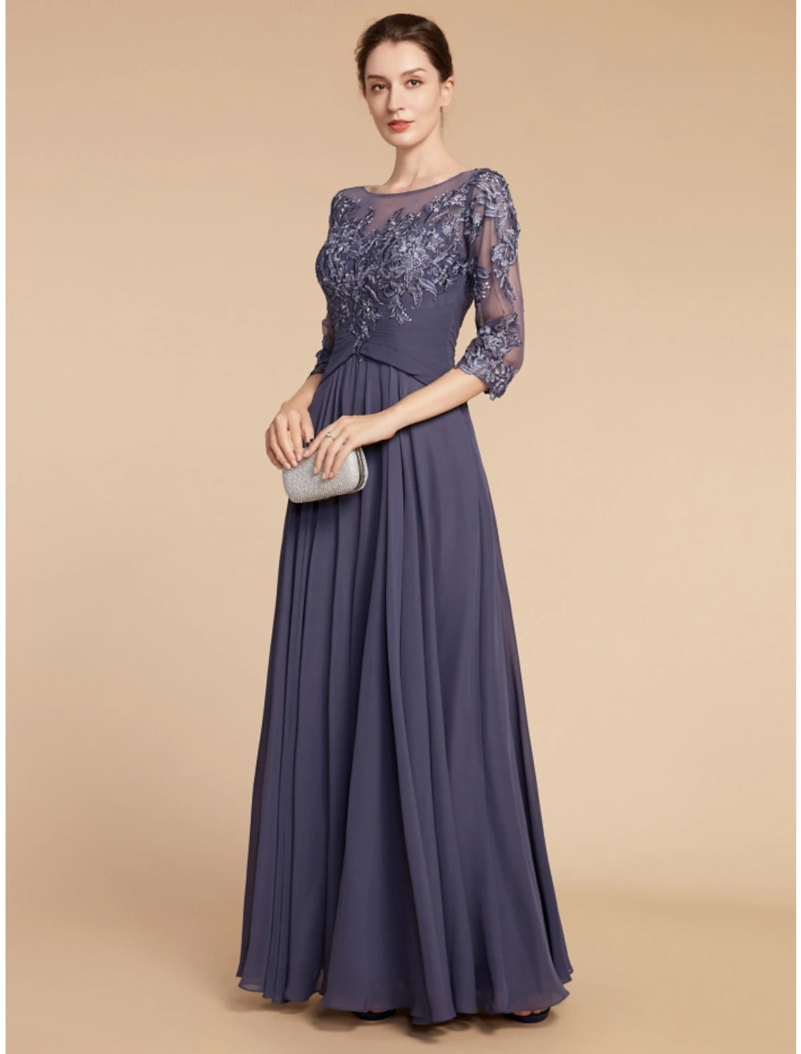 A-Line Mother of the Bride Dress Wedding Guest Elegant Scoop Neck Floor Length Chiffon Lace 3/4 Length Sleeve with Ruching