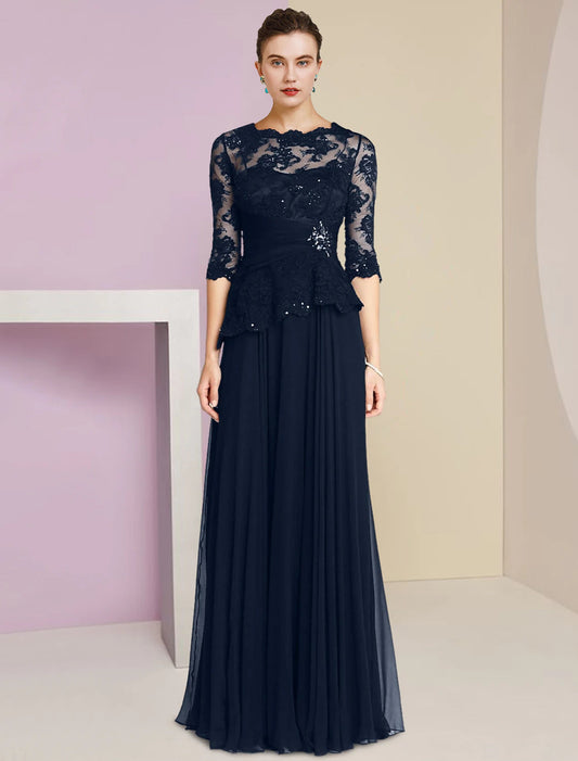 A-Line Mother of the Bride Dress Formal Wedding Guest Elegant Scoop Neck Floor Length Chiffon Lace Half Sleeve with Pleats Appliques