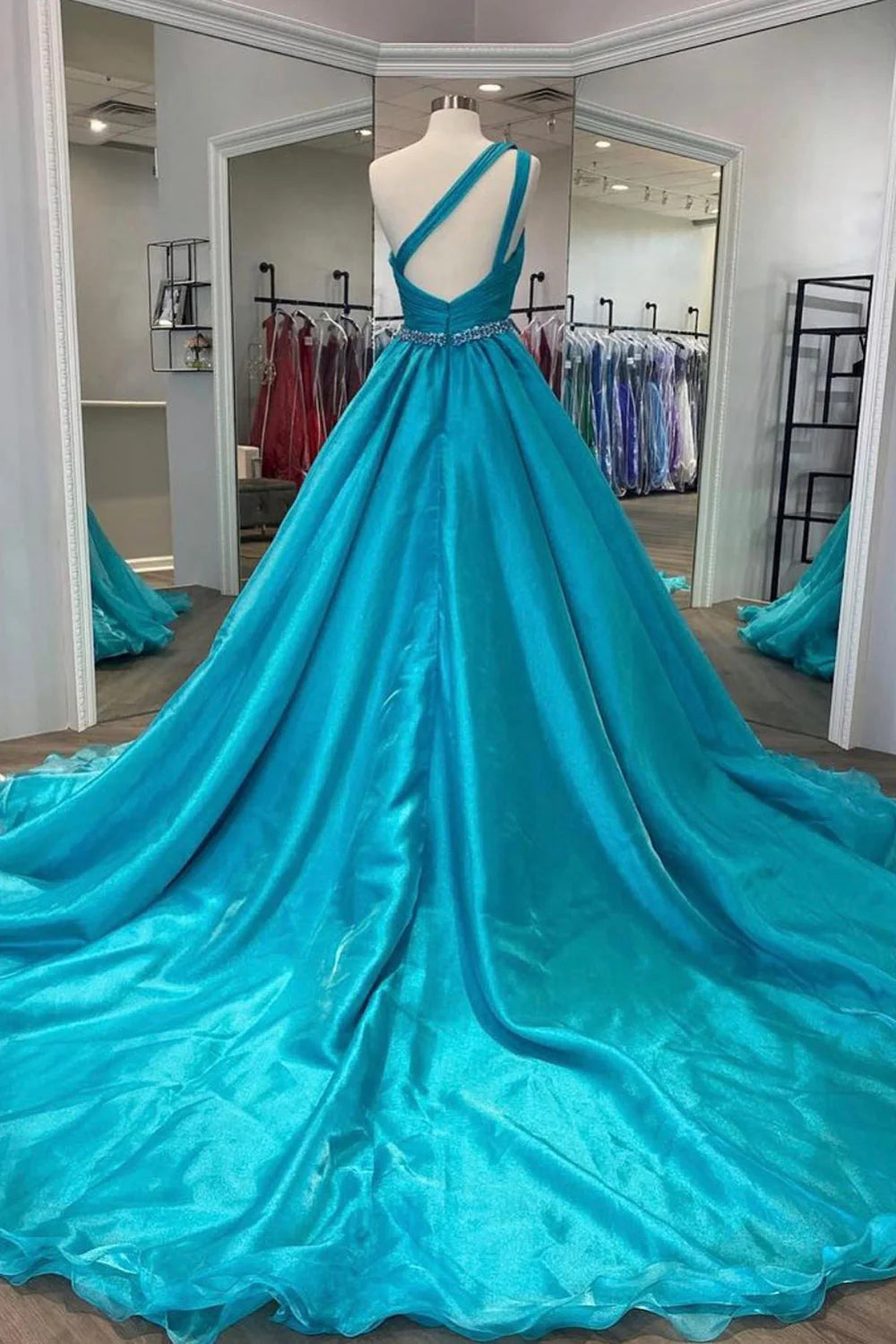 A Line Prom Dress with Beading Waist Long Pure Color