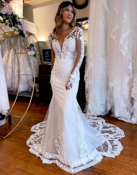 Mermaid V Neck Long Wedding Dress With Appliques Sexy Beautiful