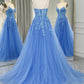 A Line Tulle Long Prom Dress With Appliques Pure Color Sexy