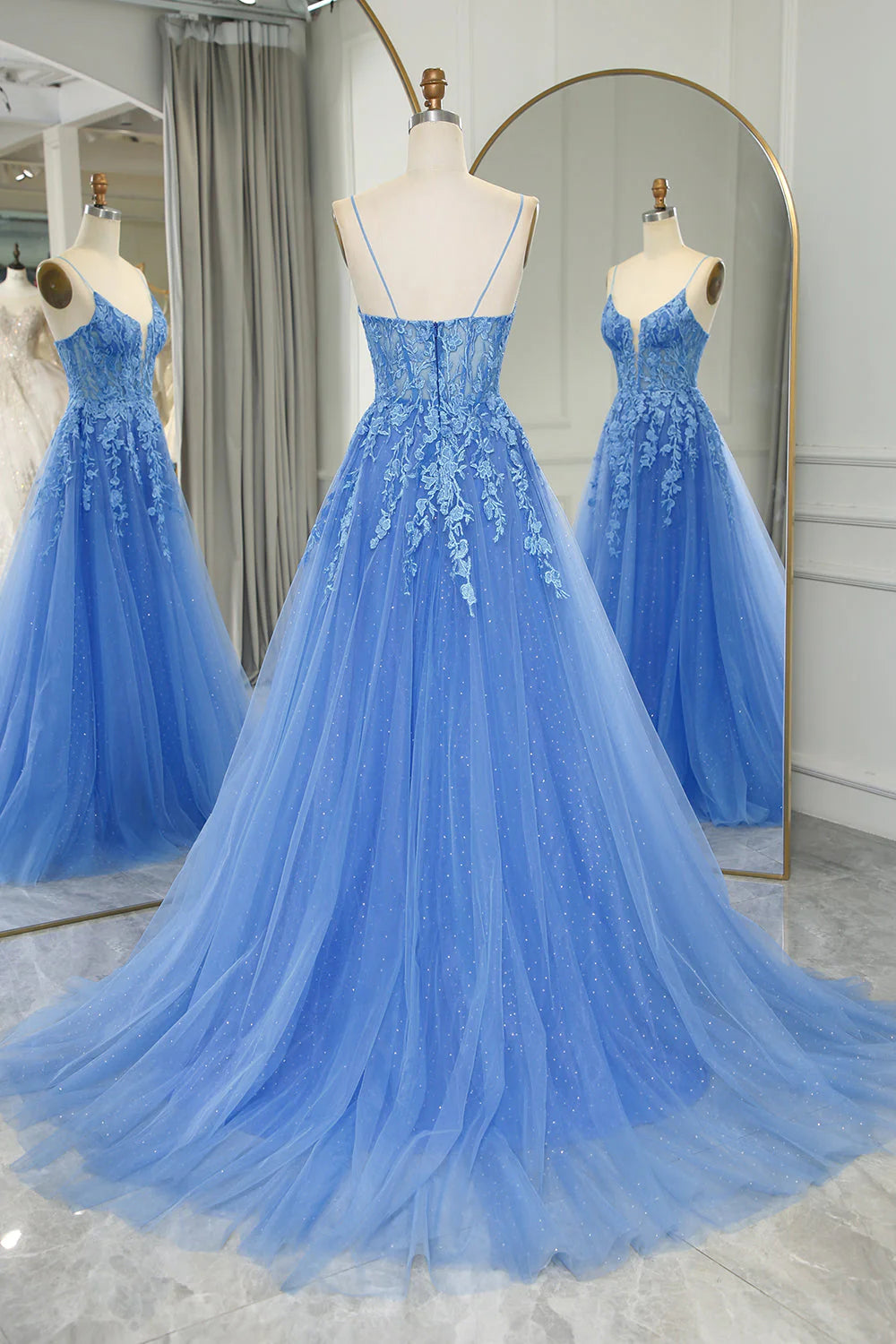 A Line Tulle Long Prom Dress With Appliques Pure Color Sexy