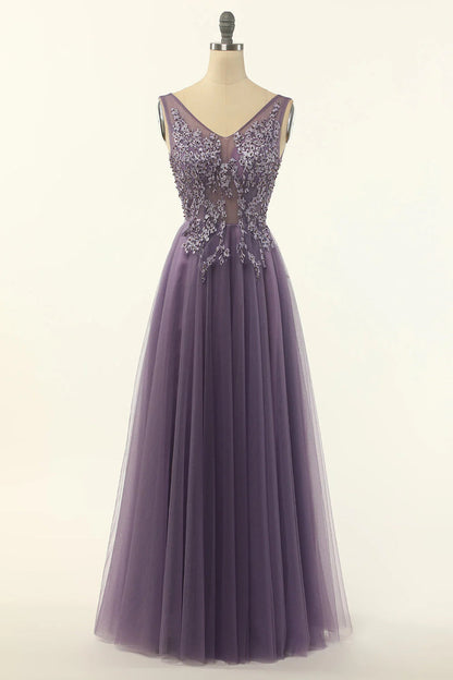 Tulle A-line Prom Dress V-neck Pure Color