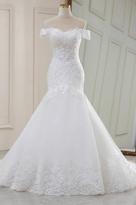 White Lace Off-the-Shoulder Trumpet Long Wedding Dress Beautiful