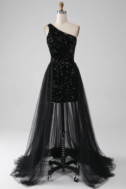 A-Line One Shoulder Sequins Prom Dress Sparkly Sexy Long