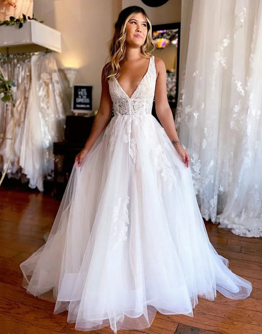 A-Line V Neck Train Wedding Dress With Appliques Sexy Long