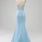 Mermaid Prom Dress with Slit V-neck Sexy Light Blue Long