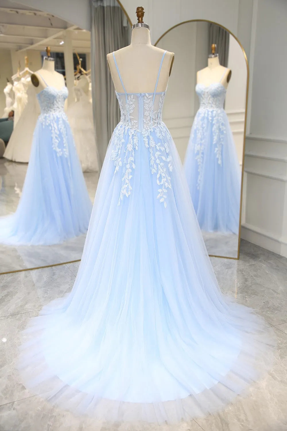 Mermaid Prom Dress With Appliques Spaghetti Straps Long Sky Blue