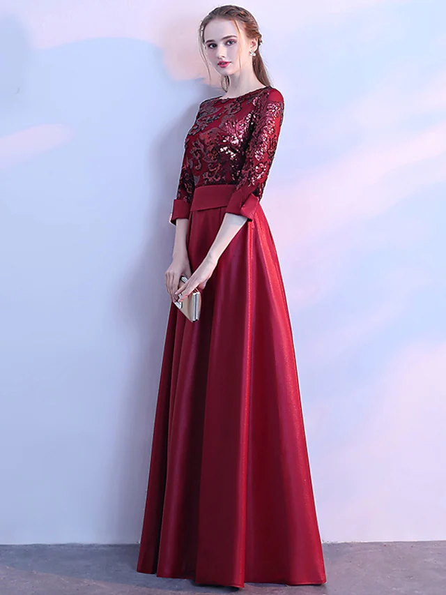 A-Line Glittering Elegant Prom Formal Evening Dress Jewel Neck 3/4 Length Sleeve Floor Length Satin