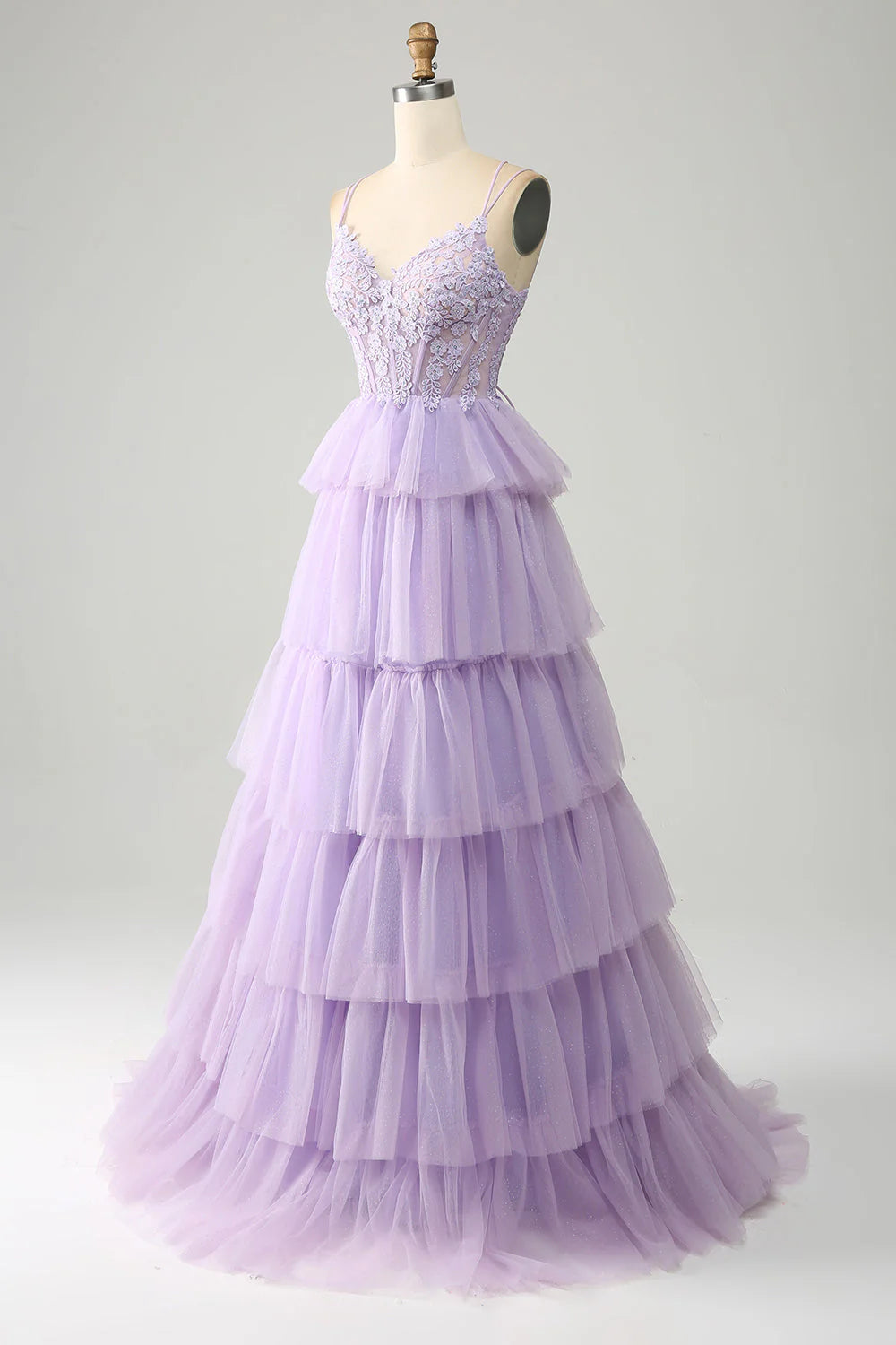 Tulle Tiered Princess Corset Prom Dress with Appliques Long With Flower