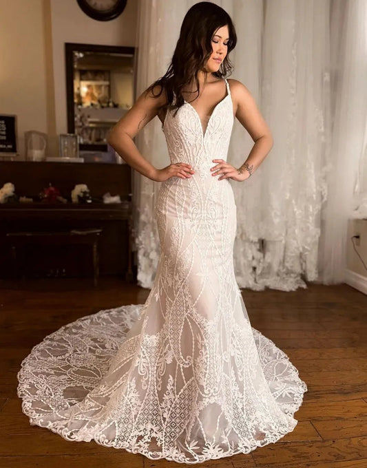 Mermaid V Neck Spaghetti Straps Train Lace Wedding Dress Sexy Long