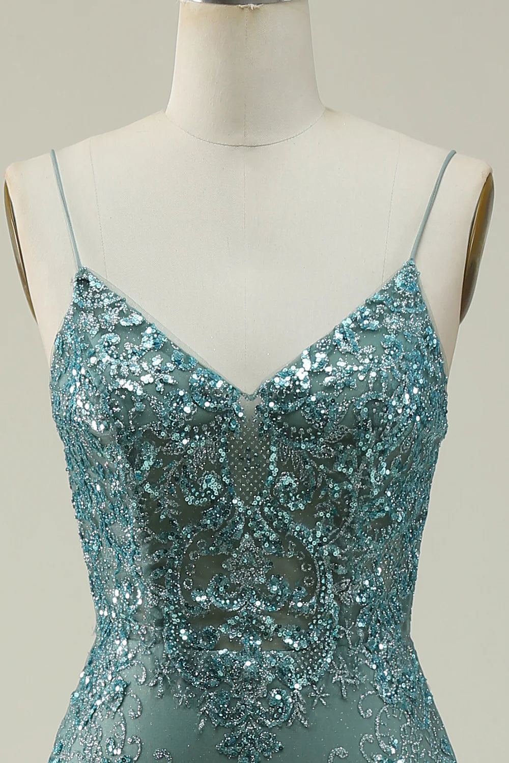 Sparkly Spaghetti Straps Sequins Long Prom Dress with Slit Sexy