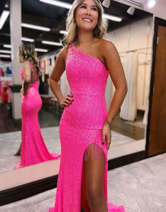 Sparkly Sequin One Shoulder Long Glitter Prom Dress Sexy