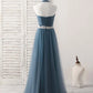 A-Line Gray Blue Tulle Long Bridesmaid Dress Floor-length Beading Prom Dress Elegant