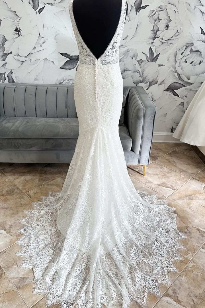 White Lace Open Back Mermaid Long Wedding Dress Beautiful