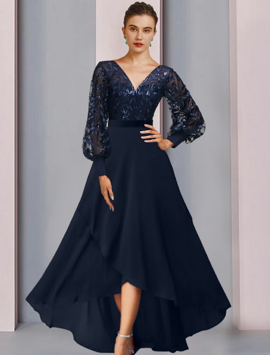 A-Line Mother of the Bride Dress Sparkle & Shine High Low Jewel Neck Asymmetrical Tea Length Chiffon Lace Sequined Long Sleeve with Sequin