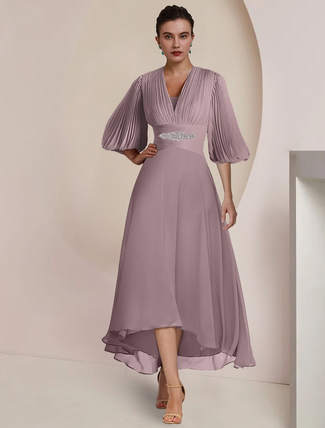 A-Line Mother of the Bride Dress Formal Wedding Guest Party Vintage Elegant V Neck Tea Length Chiffon 3/4 Length Sleeve with Pleats