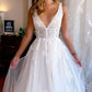 A-Line V Neck Train Wedding Dress With Appliques Sexy Long