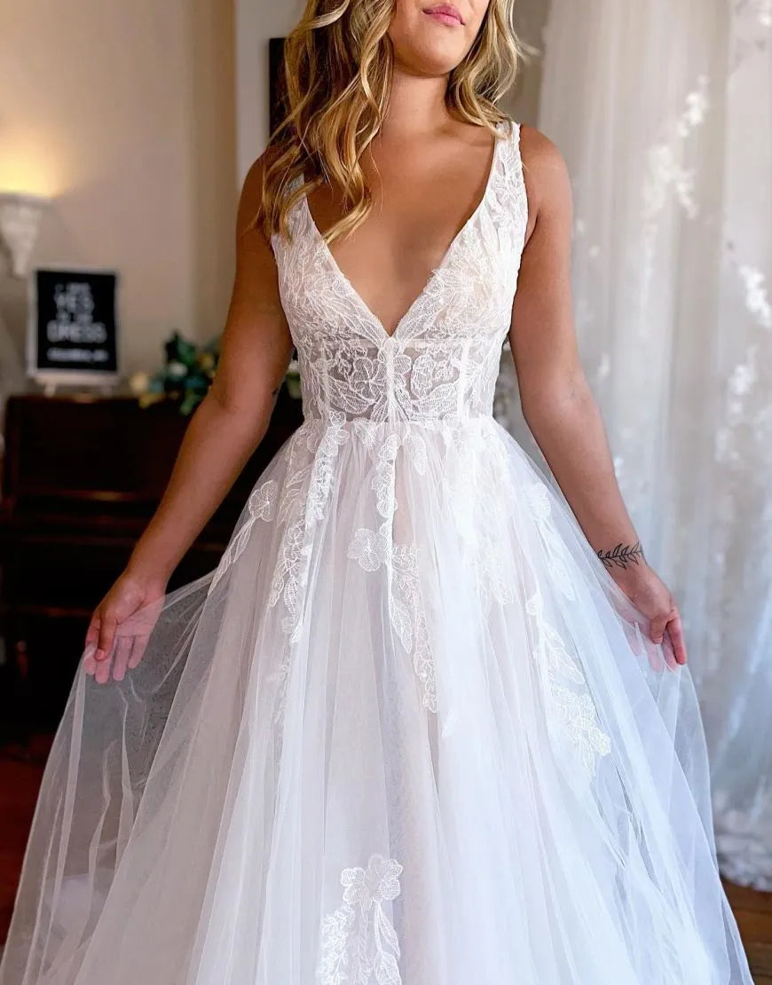 A-Line V Neck Train Wedding Dress With Appliques Sexy Long