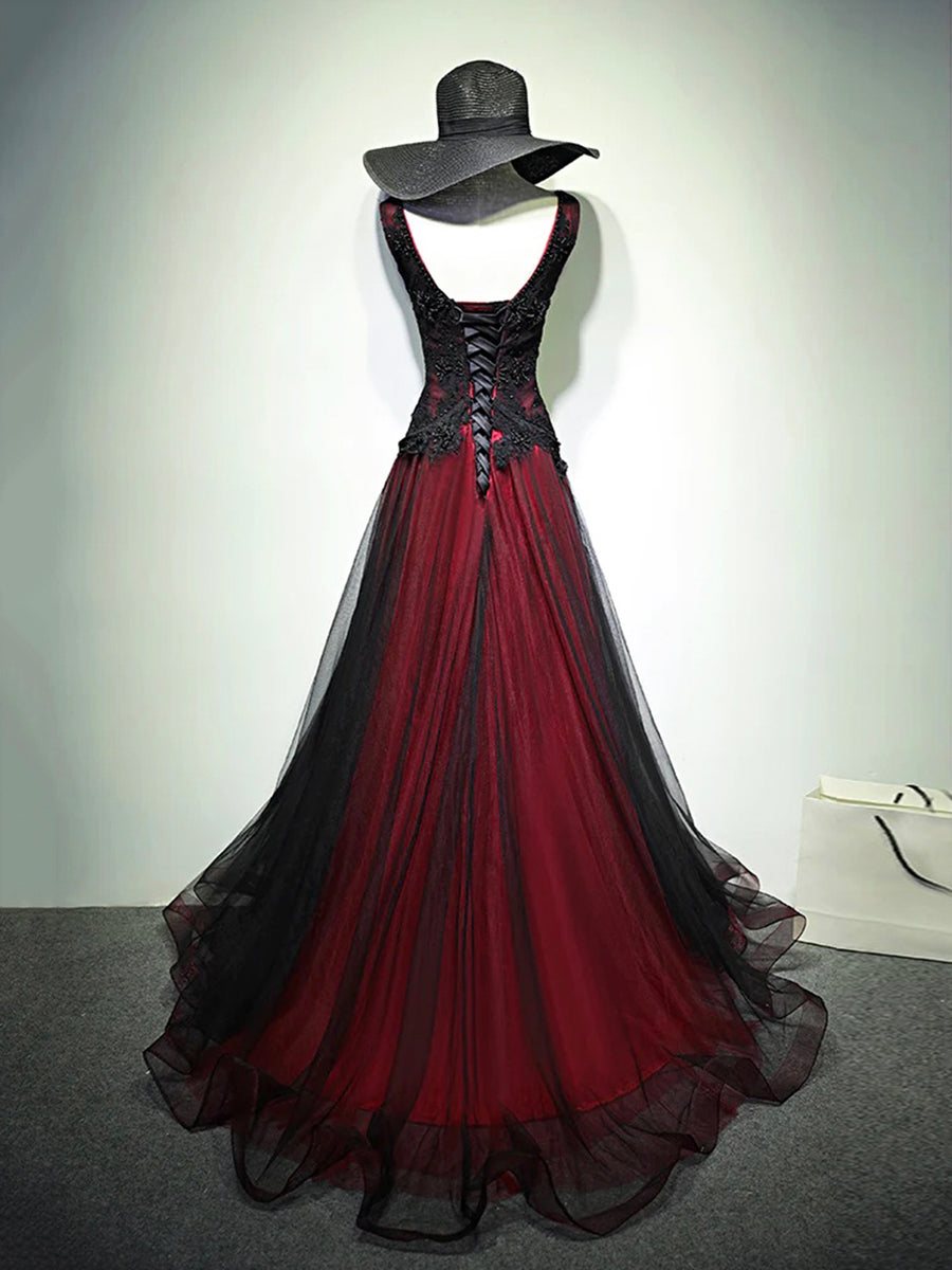 Black and Red V-Neck Lace Long Prom Dress Beautiful A-Line Evening Party Dress Sexy