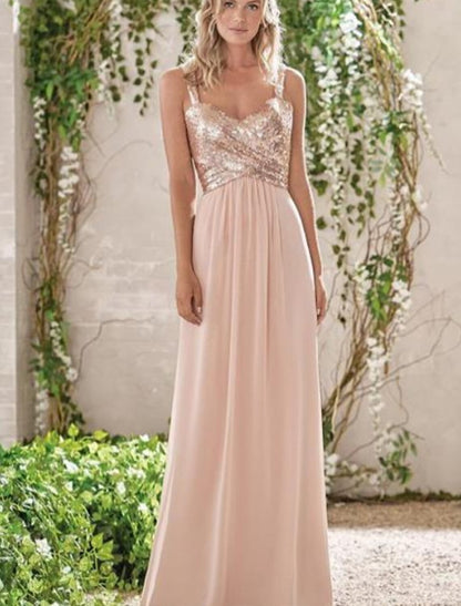 A-Line Bridesmaid Dress V Neck Sleeveless Elegant Floor Length Chiffon / Sequined