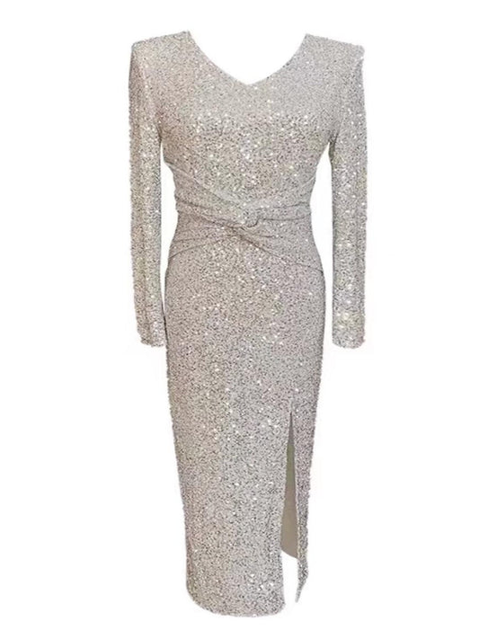 Sheath / Column Homecoming Dresses Sparkle & Shine Dress Party Wear Tea Length Long Sleeve V Neck Sequined with Sequin