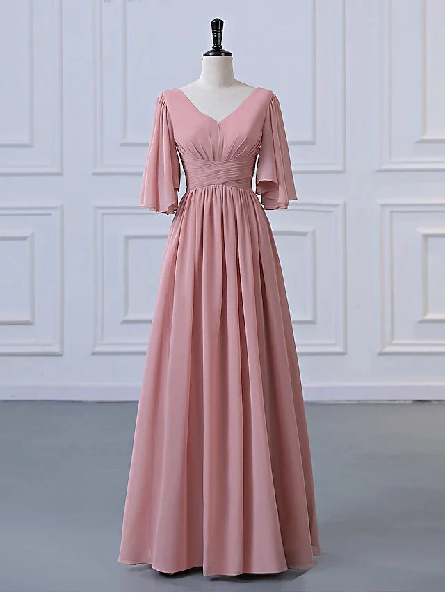 A-Line Bridesmaid Dress V Neck Half Sleeve Elegant Floor Length Chiffon with Pleats