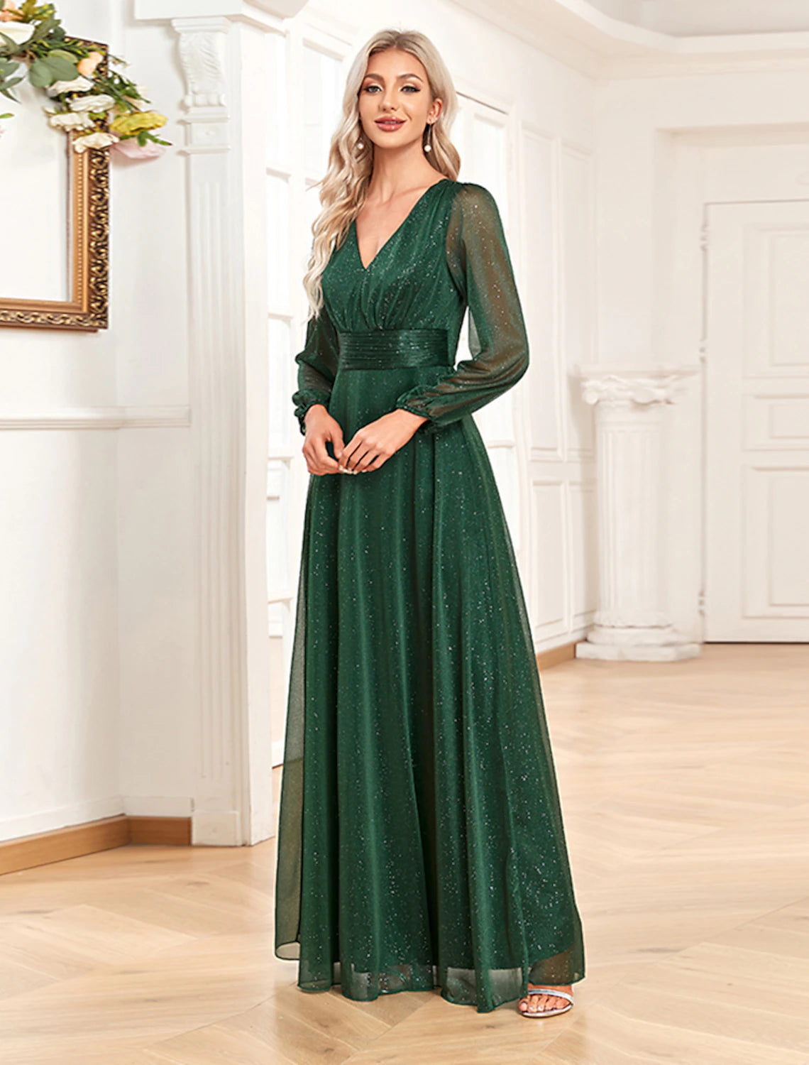 A-Line Evening Gown Elegant Dress Formal Floor Length Long Sleeve V Neck Chiffon