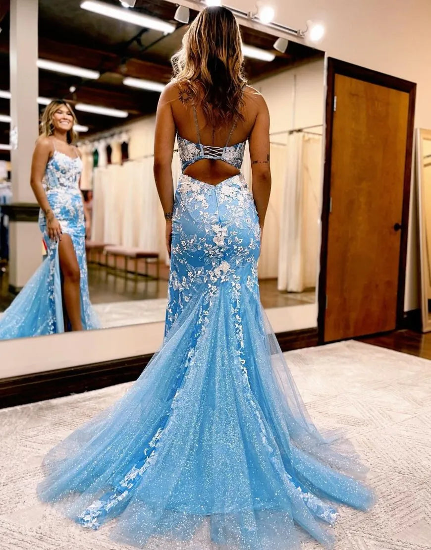 Mermaid Back Prom Dress With Appliques Long With Flowers