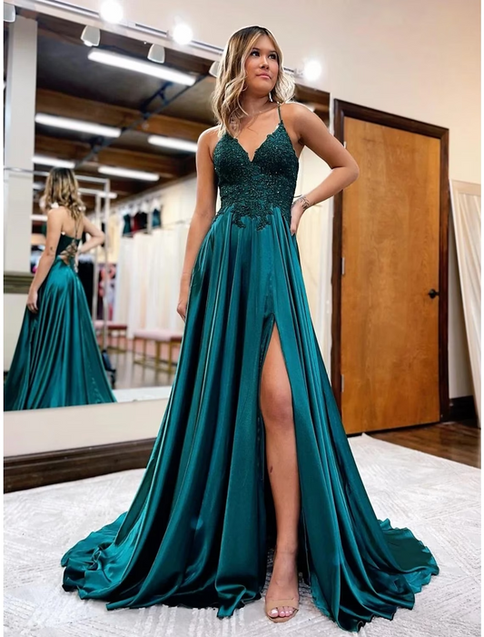 A-Line Long Prom Dresses Empire Dress Formal Court Train Sleeveless V Neck Satin Backless with Beading Appliques