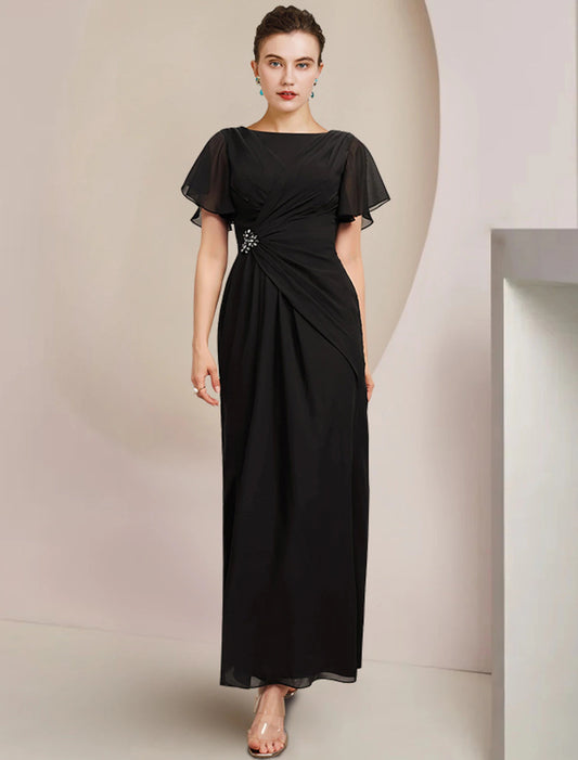 Sheath / Column Mother of the Bride Dress Wedding Guest Elegant Scoop Neck Ankle Length Chiffon Short Sleeve with Crystal Brooch