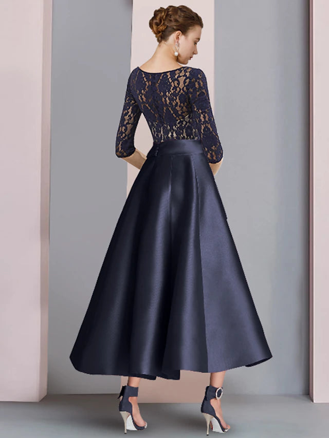 A-Line Mother of the Bride Dress Wedding Guest Vintage Elegant V Neck Ankle Length Satin Lace Half Sleeve with Bow(s)