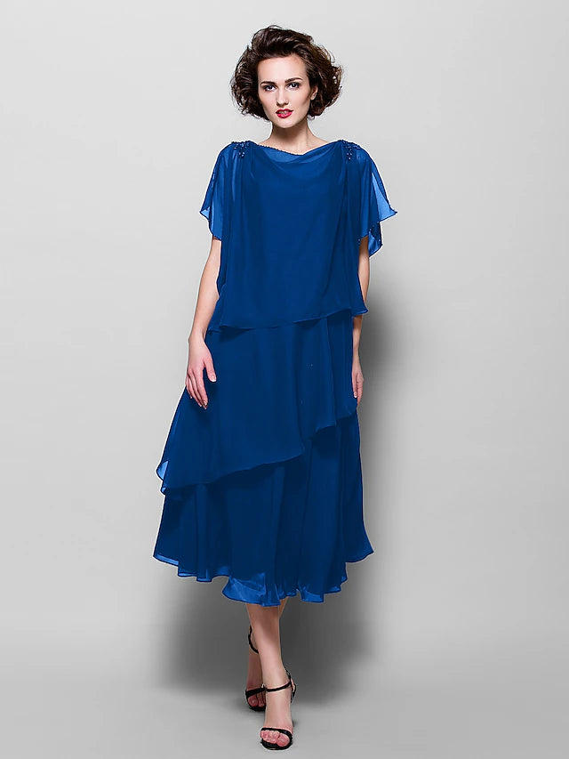 A-Line Mother of the Bride Dress Plus Size Elegant Cowl Neck Tea Length Chiffon Short Sleeve with Ruffles Crystal