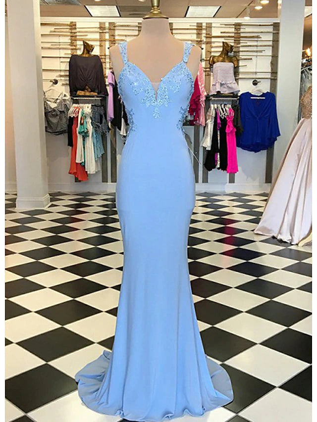 Trumpet/Mermaid Scalloped Neck Sleeveless Sweep Train Blue Satin Prom Dress with Appliques