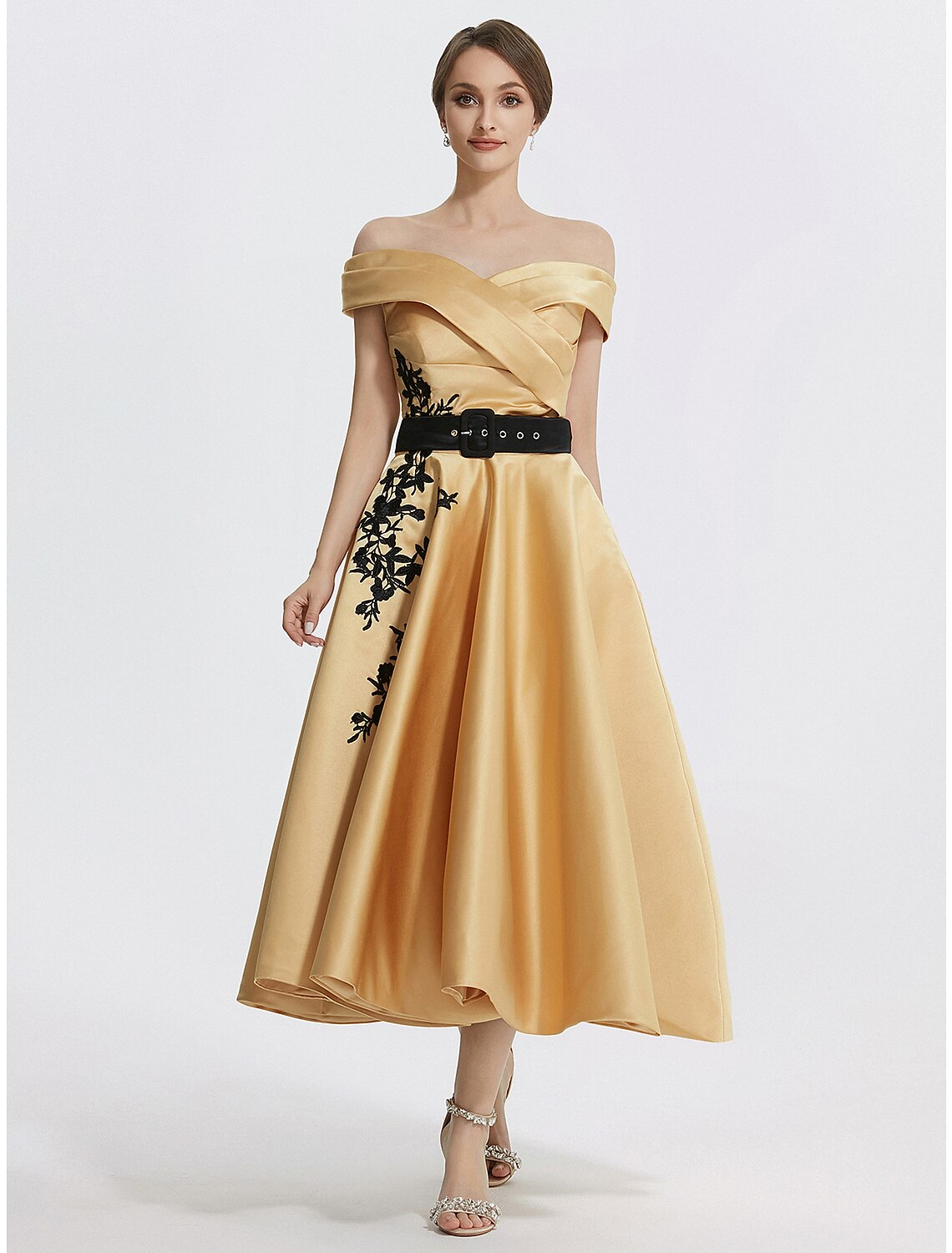 A-Line Cocktail Dresses Elegant Dress Formal Prom Tea Length Sleeveless Off Shoulder Satin