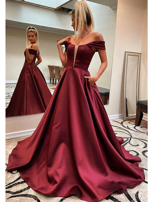 A-Line Prom Dresses Princess Dress Formal Sweep / Brush Train Sleeveless Off Shoulder Satin Backless