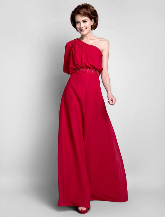 Sheath / Column Mother of the Bride Dress Elegant One Shoulder Floor Length Chiffon Half Sleeve with Beading