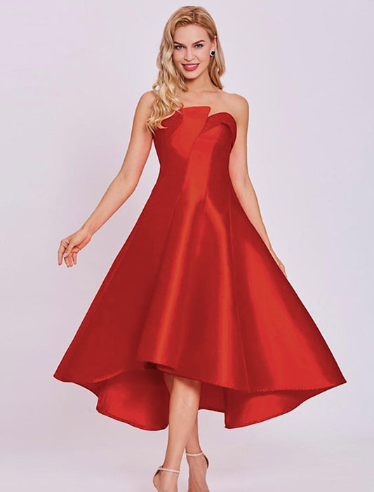A-Line Cocktail Dresses Minimalist Dress Homecoming Wedding Guest Tea Length Sleeveless Strapless Satin