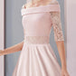 A-Line Mother of the Bride Dress Formal Wedding Guest Elegant Square Neck Tea Length Satin Lace Half Sleeve