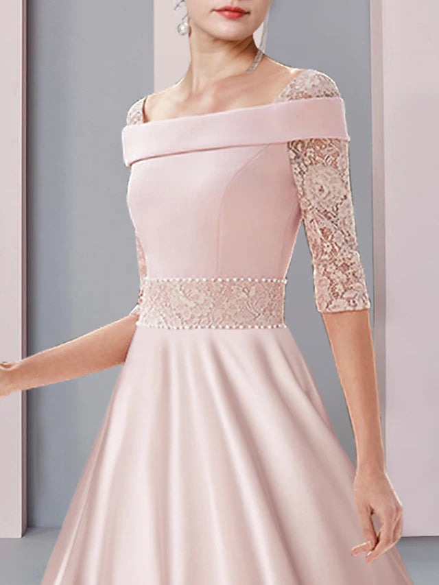 A-Line Mother of the Bride Dress Formal Wedding Guest Elegant Square Neck Tea Length Satin Lace Half Sleeve