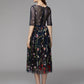 A-Line Party Dress Holiday Tea Length Half Sleeve Illusion Neck Organza with Embroidery