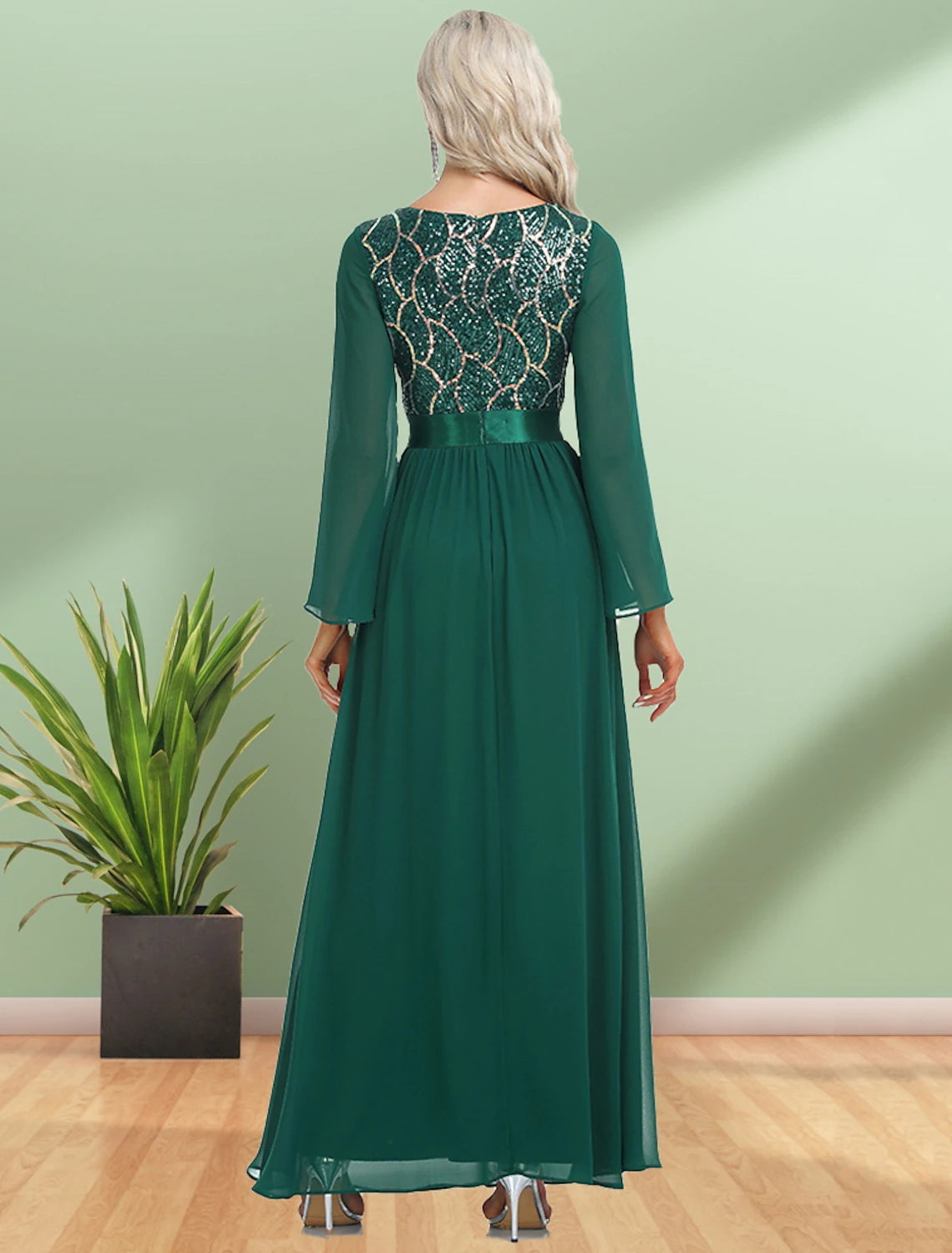 A-Line Evening Gown Elegant Dress Party Wear Floor Length Long Sleeve V Neck Chiffon