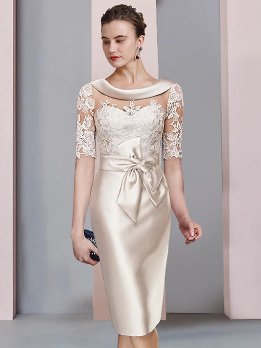 Sheath / Column Mother of the Bride Dress Wedding Guest Elegant Scoop Neck Knee Length Satin Lace Half Sleeve with Bow(s)