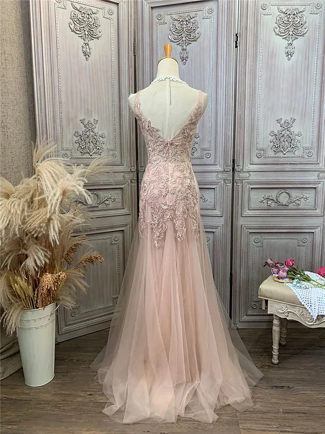 Mermaid / Trumpet Prom Dresses Maxi Dress Party Wear Sweep / Brush Train Sleeveless V Neck Tulle