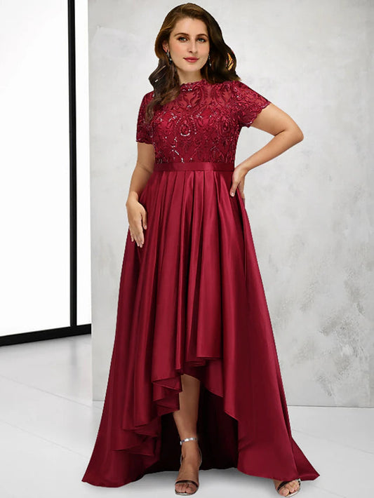 A-Line Plus Size Curve Mother of the Bride Dresses Vintage Dress Formal Asymmetrical Short Sleeve High Neck Taffeta with Pleats