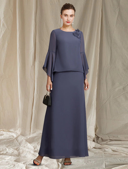 A-Line Mother of the Bride Dress Plus Size Elegant Jewel Neck Ankle Length Chiffon Long Sleeve